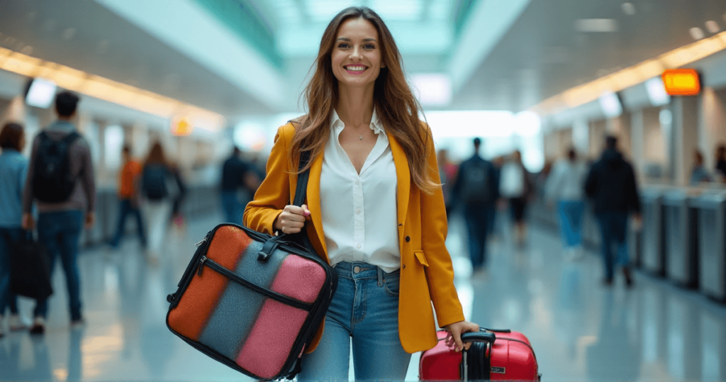 a woman holding luggage in a hallway