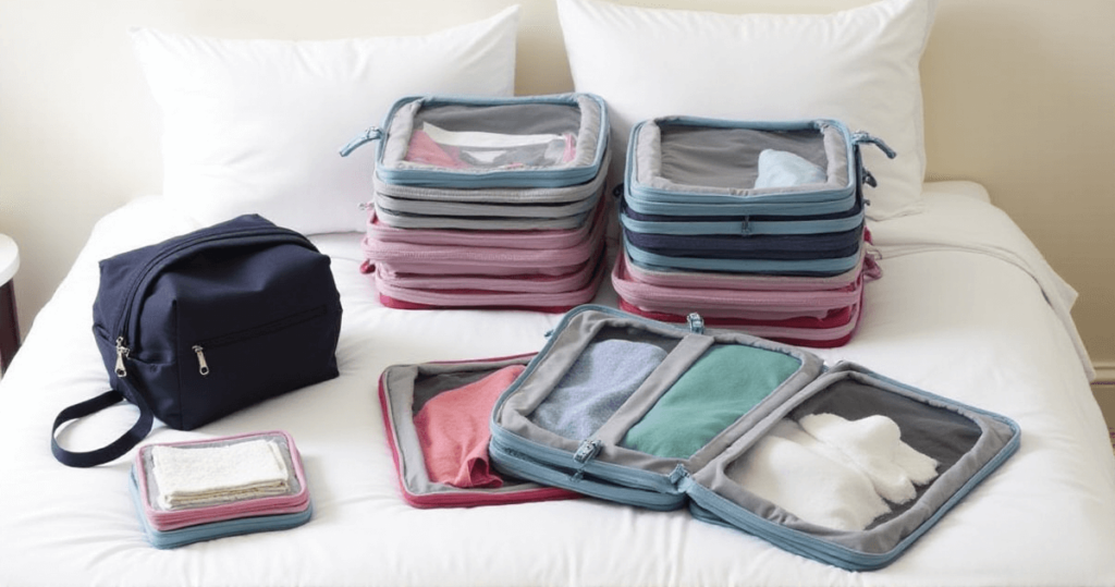 a group of luggage bags on a bed with packing cubes