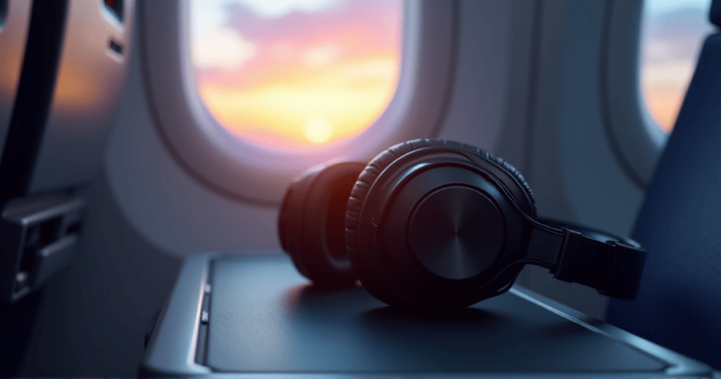 headphones on a table in front of a window