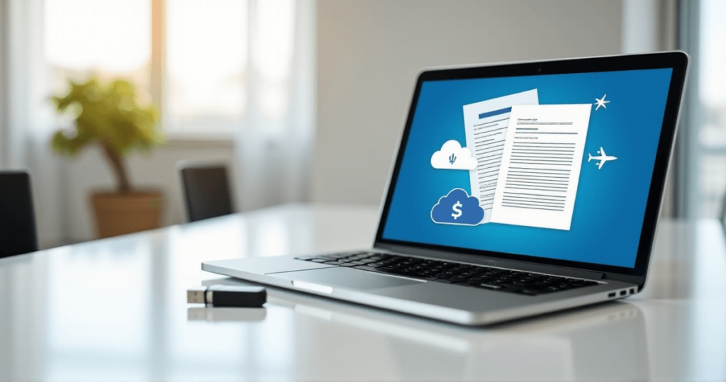 a laptop on a table with travel documents on screen and a usb stick